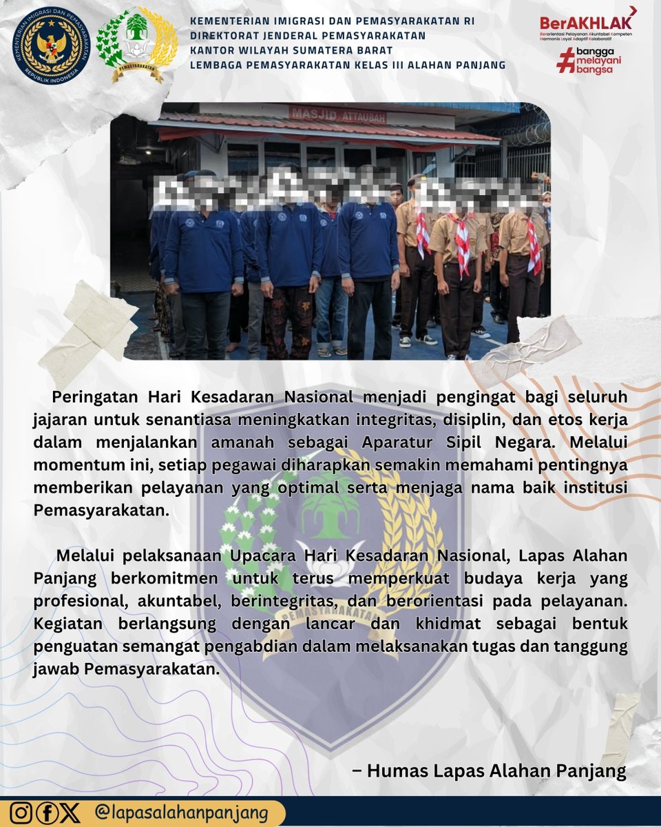 prisonalpan's tweet photo. Lapas Kelas III Alahan Panjang melaksanakan Upacara Peringatan Hari Kesadaran Nasional yang diperingati setiap tanggal 17 setiap bulannya. 🇮🇩 https://t.co/de8OOIetmp