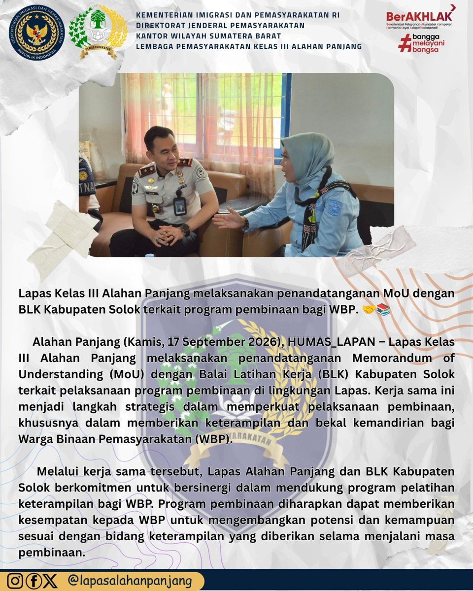 prisonalpan's tweet photo. Lapas Kelas III Alahan Panjang melaksanakan penandatanganan MoU dengan BLK Kabupaten Solok terkait program pembinaan bagi WBP. 🤝📚 https://t.co/6DIksACQOf