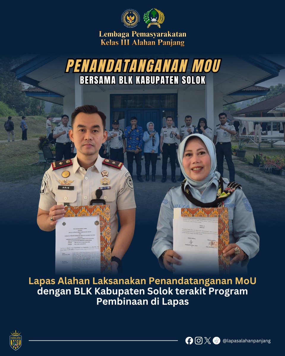 prisonalpan's tweet photo. Lapas Kelas III Alahan Panjang melaksanakan penandatanganan MoU dengan BLK Kabupaten Solok terkait program pembinaan bagi WBP. 🤝📚 https://t.co/6DIksACQOf