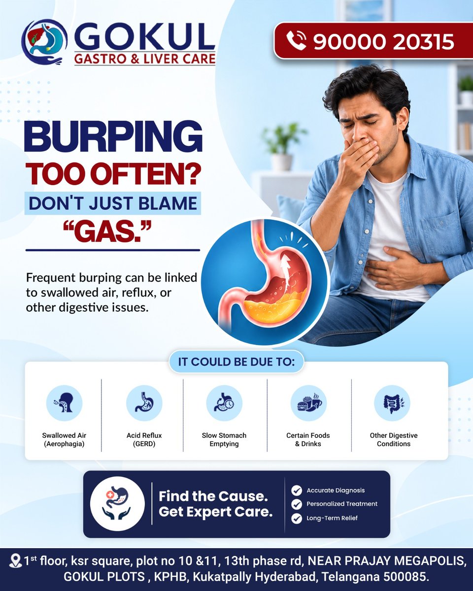 GokulGastro's tweet photo. Burping too often? Don't just blame "gas!"

Frequent belching can stem from swallowed air, acid reflux (GERD), slow digestion, or underlying gastrointestinal conditions. Find the root cause &amp; get lasting relief.

🏥 Gokul Gastro &amp; Liver Care
📞 +91 90000 20315
📍 KPHB, Kukatpally https://t.co/ABZFJAU0cR