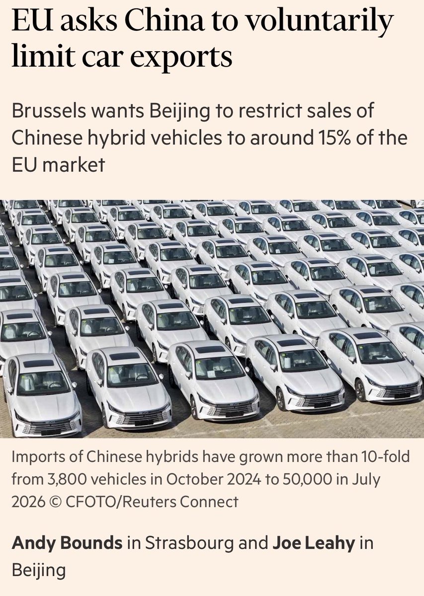 TheresaAFallon's tweet photo. Unlike in a Chekhov play when a gun appears in Act One, it will be fired in Act Three, talk of using the EU “trade bazooka” has evolved into fear of Chinese retaliation and meek EU requests for Beijing to voluntarily stop sending so many cars to Europe. https://t.co/fwMiRPG2No