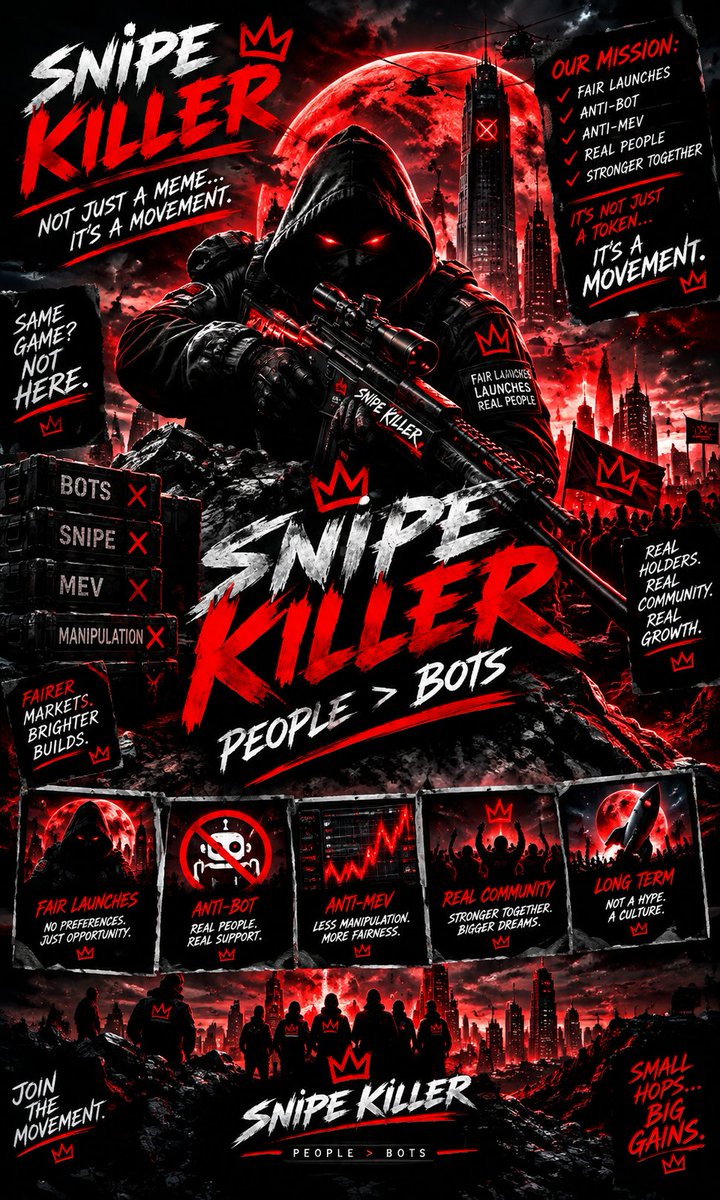 FIONEXCRYPT's tweet photo. $SNIPEKILLER isn’t just another meme

Built around a clear mission: fair launch, anti-bot, anti-MEV and real community

No shortcuts No empty promises. Just a movement built around people > bots

$SNIPEKILLER — Fairer markets. Brighter build

 #SNIPEKILLER #SNIPE @Snipekiller01 https://t.co/PvRDwD8siW