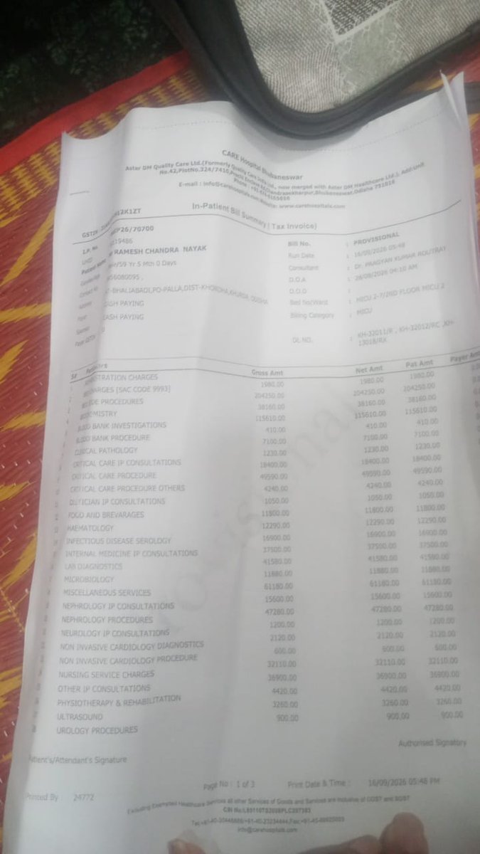 k38611722's tweet photo. @ashwinravi99 @AmericanGambits 🙏 Urgent Appeal for Financial Help 🙏

My father, Ramesh Chandra Nayak, has been in the ICU at CARE hospital bbsr since 28 August due to severe kidney infections. He has undergone 8 dialysis in 15 days 
The bill is around₹11.5lakhs
Please ash sir help me pending amount 1.5 lakh https://t.co/f7Ugq2ux9p