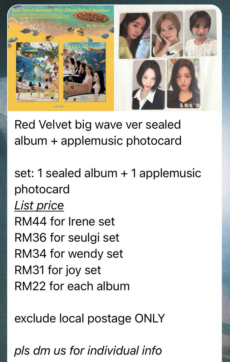 sherrylaa_'s tweet photo. if any 🇲🇾 interested to purchase #REDVELVET album, may contact me via dm 🥰
or join my channel telegram :)
#pasarredvelvet red velvet surfin boy irene seulgi wendy joy yeri https://t.co/wuVl5gAd65