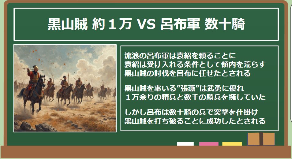 bokukubo_0123's tweet photo. Q「正史の呂布って本当に強かったの？」
A「ちゃんと化け物です。袁紹すら手を焼いていた黒山賊（万を超える精鋭部隊）に、僅か数十騎で連日攻撃を仕掛けてズタズタにしてしまいました」
Q「」 https://t.co/llGdpdiEUn