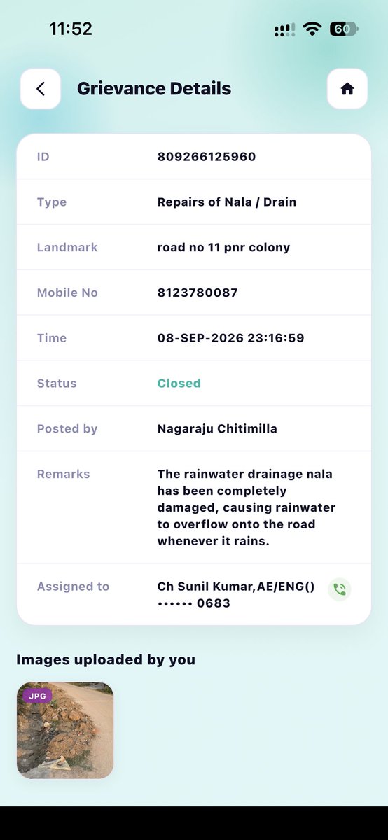 nchitimilla's tweet photo. @CMC_Offcl @DC_Ameenpur your officers are simply closing grievances without providing the resolution and marking them as marking them as closed by citizen which is not. In this case issue with nala &amp; they uploaded road repair image &amp; closed. Not only this issue we have many more. https://t.co/ASBWmU7O7F