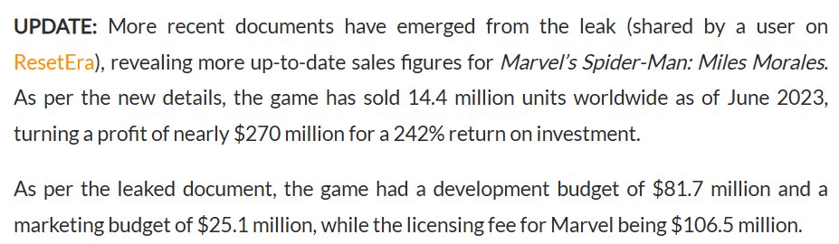 leonskey's tweet photo. @WorldyVentures @dyingscribe a good 100 million was atleast partially licensing costs increasing for miles morales.  Into the spiderverse came out between Spiderman and MM.

It's a pretty mundane answer, but the most likely one.
https://t.co/9B6nvvIgcZ https://t.co/QMkZRbPOQ2