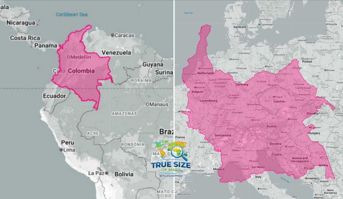 TrueSizeOfMaps's tweet photo. The true size of Colombia https://t.co/INto0MlnLq