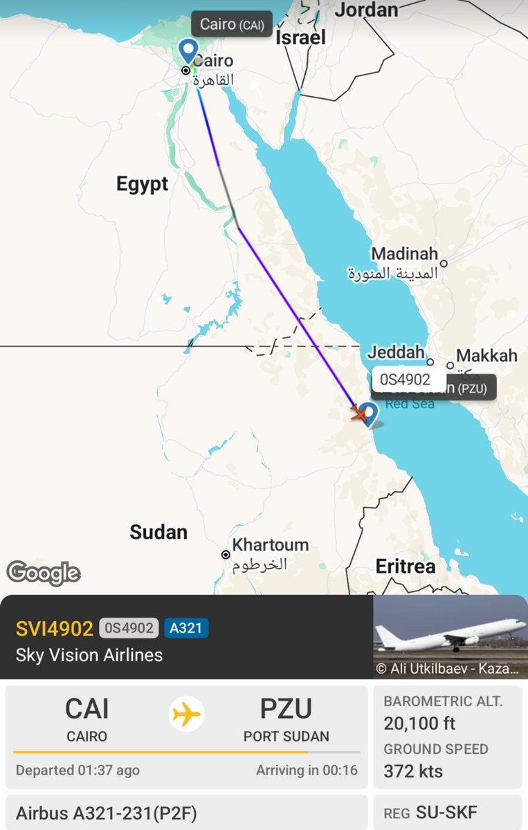 AfriMEOSINT's tweet photo. Sky Vision Airlines A321-231F cargo aircraft (SU-SKF, callsign 0S4902) flew today from Cairo 🇪🇬 to Port Sudan 🇸🇩.

Surge in suspected cargo flights from Turkey 🇹🇷, Egypt 🇪🇬 and Belarus 🇧🇾 to Port Sudan suggest the SAF’s allies are stepping up military supply deliveries. https://t.co/6UR0vvIlgG