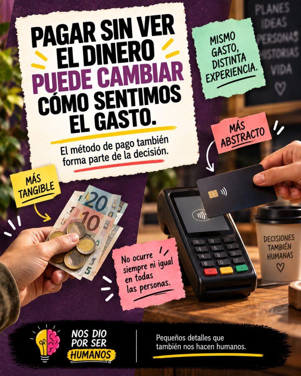 nosdioxhumanos's tweet photo. Pagar en efectivo y pagar con tarjeta no siempre se sienten igual. El efectivo hace el gasto más tangible; los pagos digitales pueden volverlo más abstracto. El método de pago también influye en cómo vivimos la compra. #DolorDePagar #EconomíaConductual #Consumo https://t.co/SYqZZ6c1X5