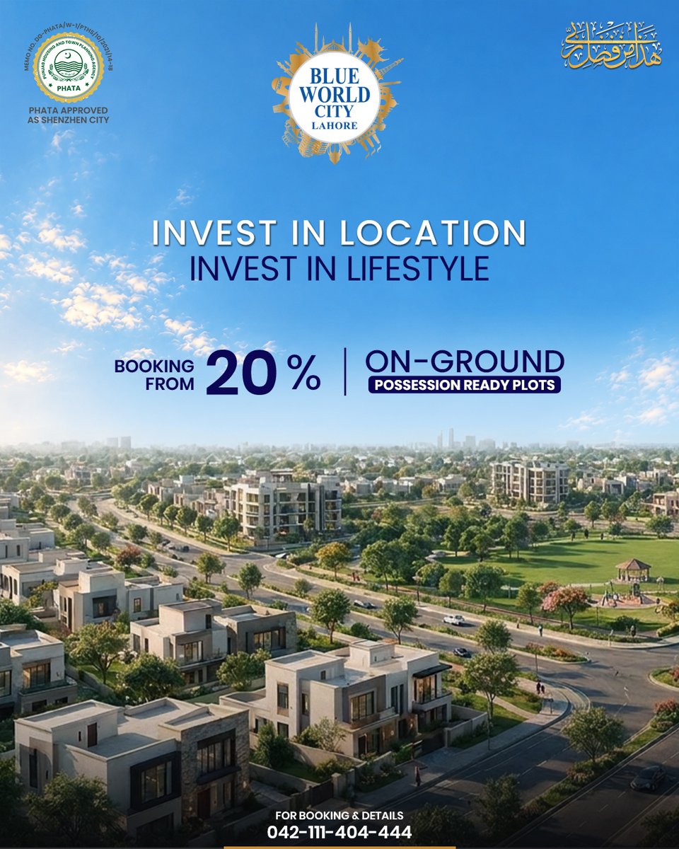 bwclahore's tweet photo. Make your investment count with Blue World City Lahore — where prime location meets a thoughtfully planned lifestyle.

Booking starts from 20%
On-Ground, Possession-Ready Plots

📞 For Booking &amp; Details:
042-111-404-444 https://t.co/XpBtYOUzEb