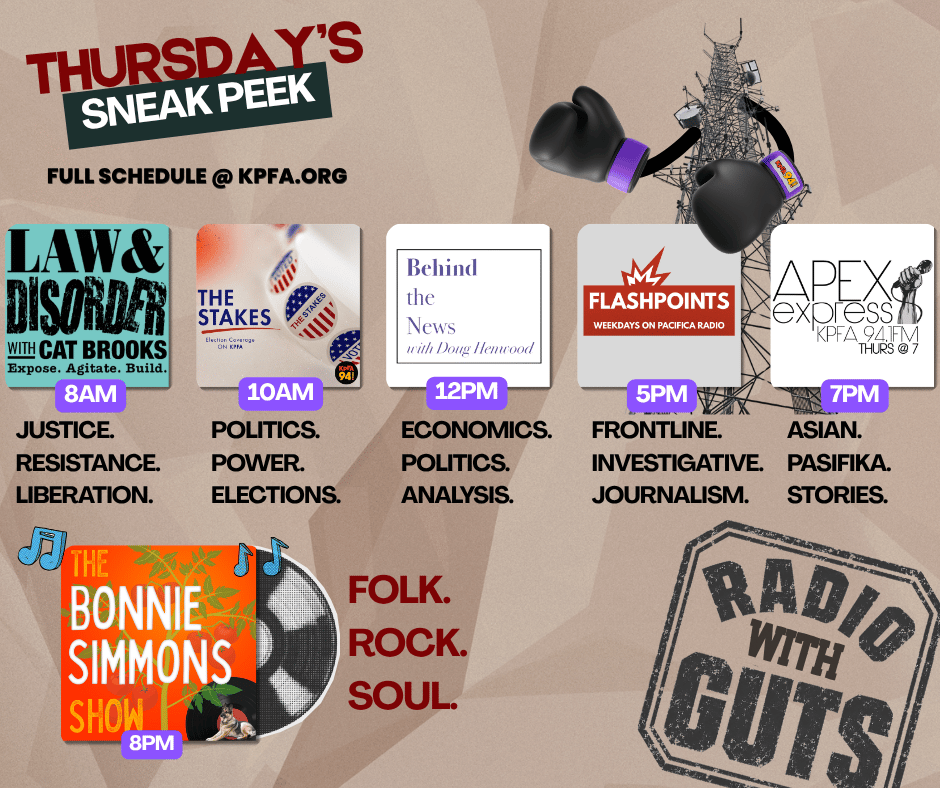 kpfaradio's tweet photo. 🥊 Pound for pound, the scrappiest signal on the dial.

No corporate corner man. No sponsor cutting our checks. Just grit, a transmitter, and a lineup that refuses to stay down.

Little station. Big swing. Thursday's card is STACKED. 

Full schedule @ https://t.co/vqOSem3IKV

🔔Ring the bell. 94.1 FM | https://t.co/vqOSem3IKV | KPFA App 

Radio with guts. 

#KPFA #RadioWithGuts #TinyButMighty #CommunityRadio @KFCF881fm @LawAndDis @DougHenwood @FlashpointsNews