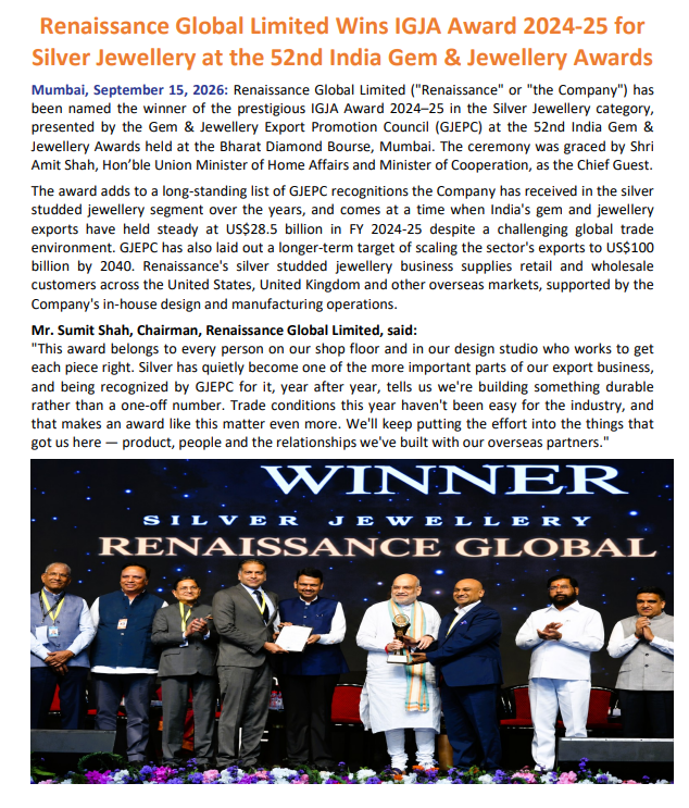 Merlin_Capital's tweet photo. Renaissance Global Limited Wins IGJA Award 2024-25 for Silver Jewellery at the 52nd India Gem &amp; Jewellery Awards https://t.co/PpB2QfYgKK