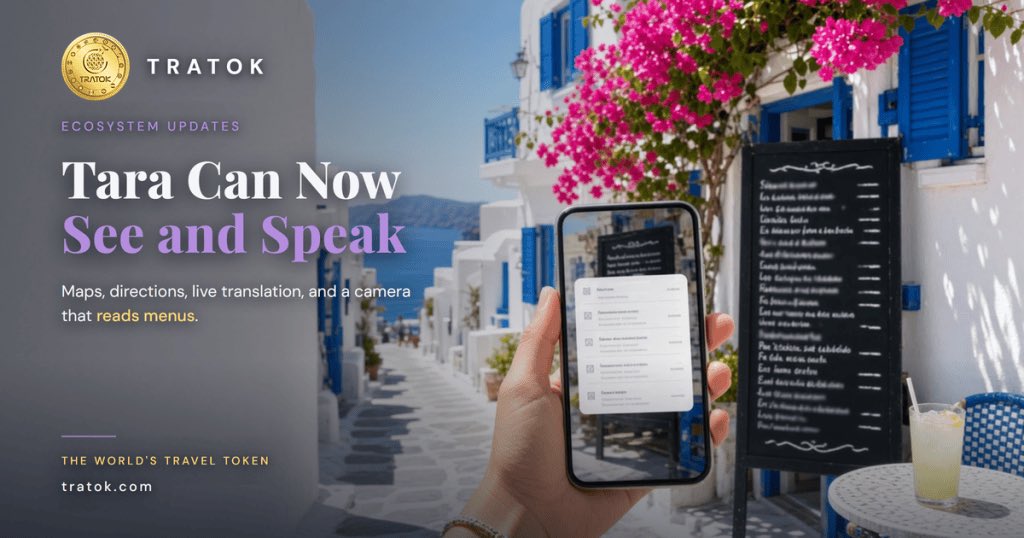 TratokT's tweet photo. We just gave Tara eyes, a voice and a sense of direction. Photograph a menu, ask out loud, and our travel assistant maps, translates and talks you there. #TravelTech #SmartTravel #crypto #Tratok
https://t.co/91r31eF4pQ https://t.co/1YLgzmdkAt