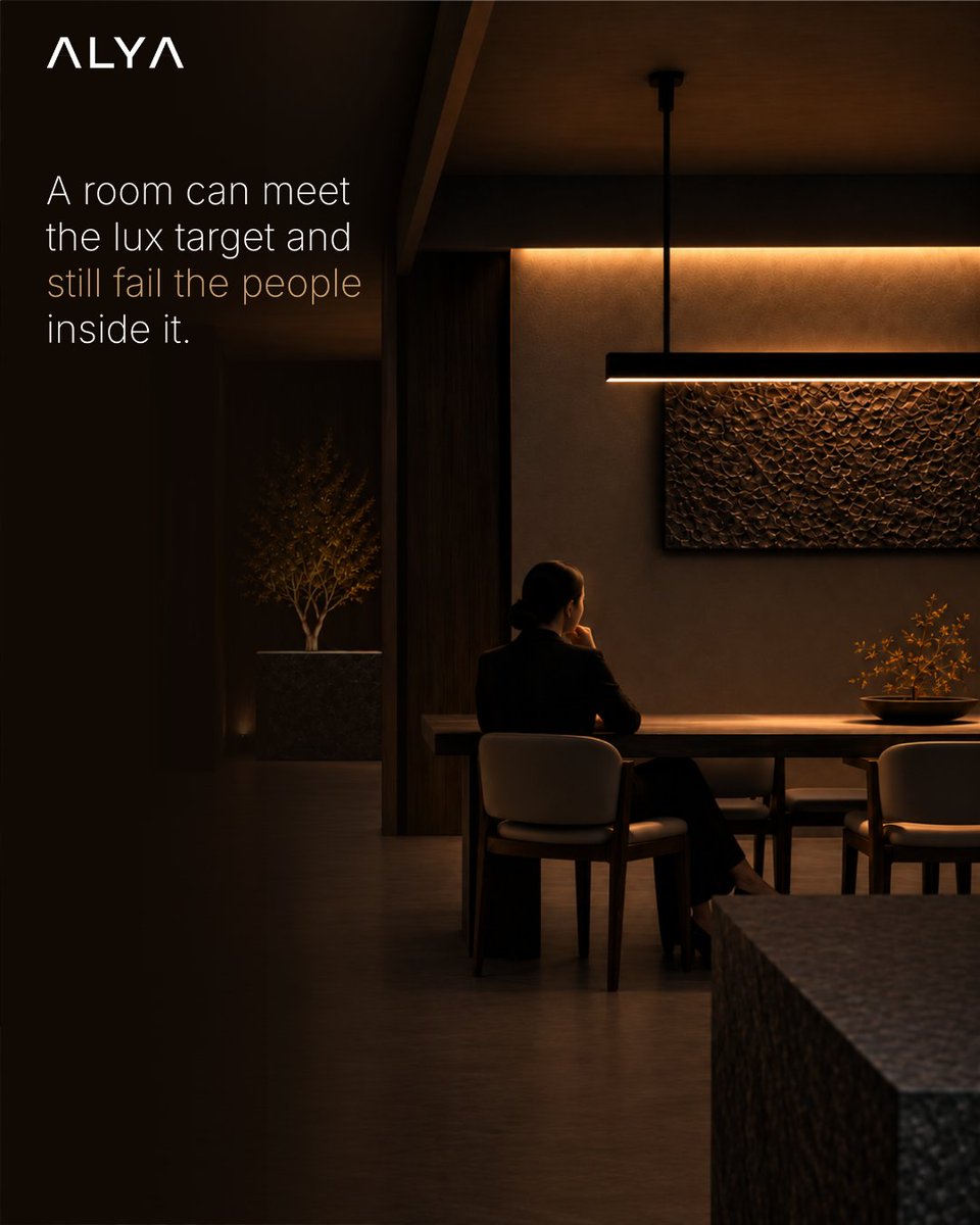 lightcoalya's tweet photo. A room can hit the lux target and still fail the people inside it.

Because lighting isn't one number.

Distribution. Contrast. Accent. Vertical light. Darkness. Controls.

Each matters.

#Alya #LightingDesign #ArchitecturalLighting #LightingProfessionals #LightingDesigners https://t.co/msTsfoFtmI