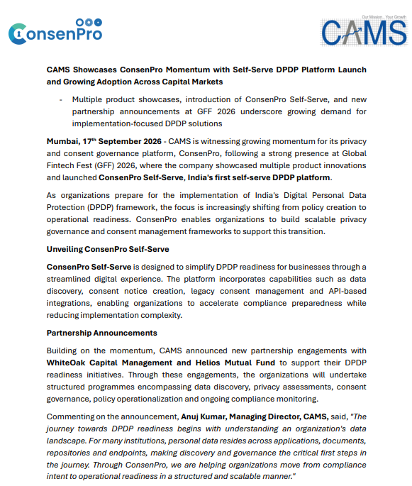 IndianStockEco's tweet photo. π¨CAMS:
π#CAMS Showcases ConsenPro Momentum with Self-Serve DPDP Platform Launch and Growing Adoption Across Capital Markets
#nifty #stockstowatch #stocksInFocus #stockmarketnews https://t.co/b3VbRrOGf0