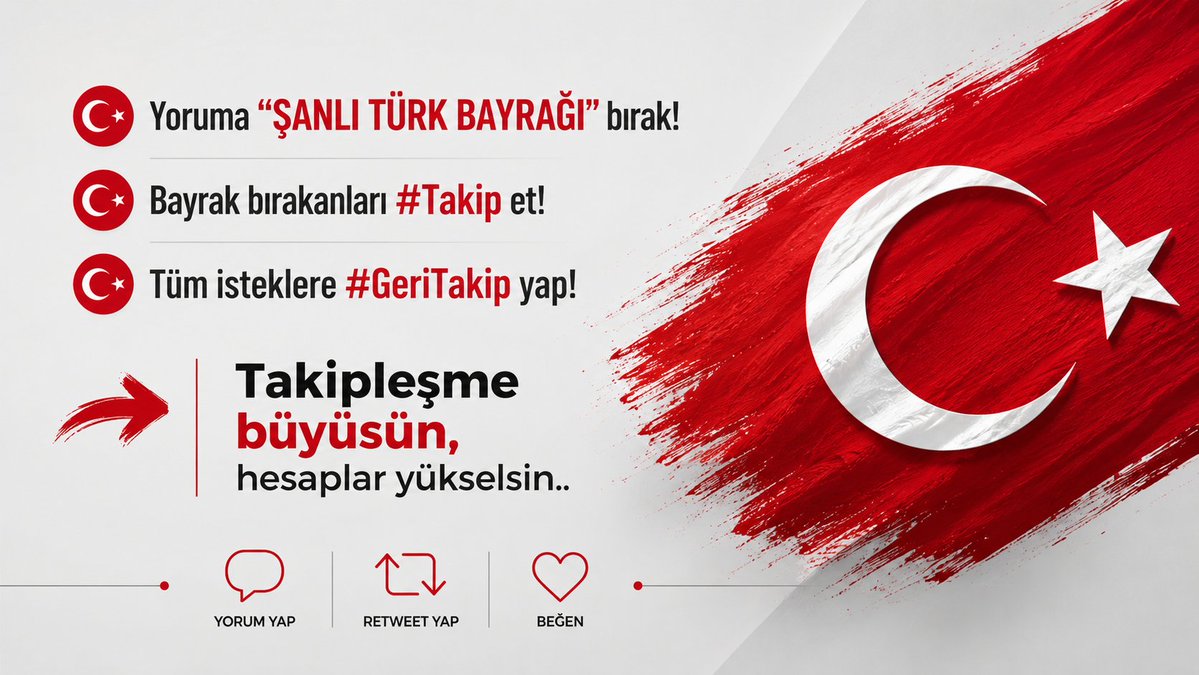TRMilliTakip's tweet photo. 🇹🇷 Yoruma “ŞANLI TÜRK BAYRAĞI” bırak!
🇹🇷 Bayrak bırakanları #Takip et!
🇹🇷 Tüm isteklere #GeriTakip yap!

👉 Takipleşme büyüsün, hesaplar yükselsin.. https://t.co/saDWm8t7cm