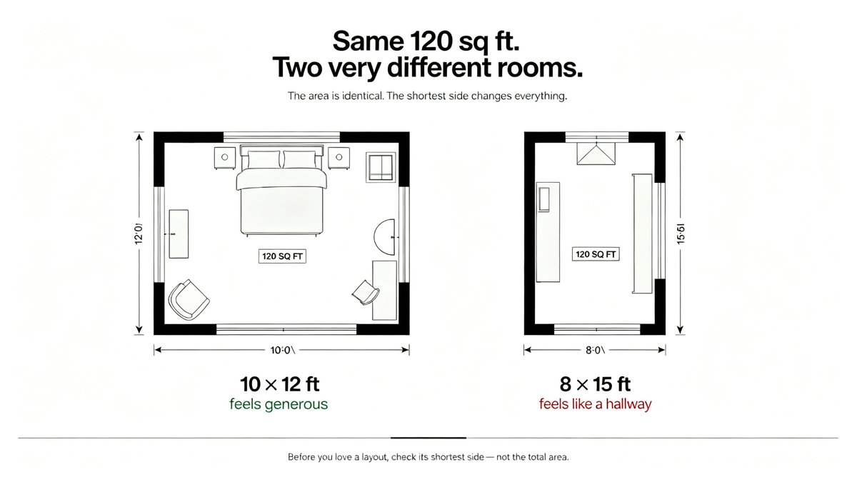 NoraCreates's tweet photo. A 120 sq ft room at 10 × 12 ft feels generous. The same square footage at 8 × 15 ft feels like a hallway. Before you love a layout, check its shortest side — not the total area. #FloorPlan #HomeDesign #InteriorDesign https://t.co/FvKAEu1u4w
