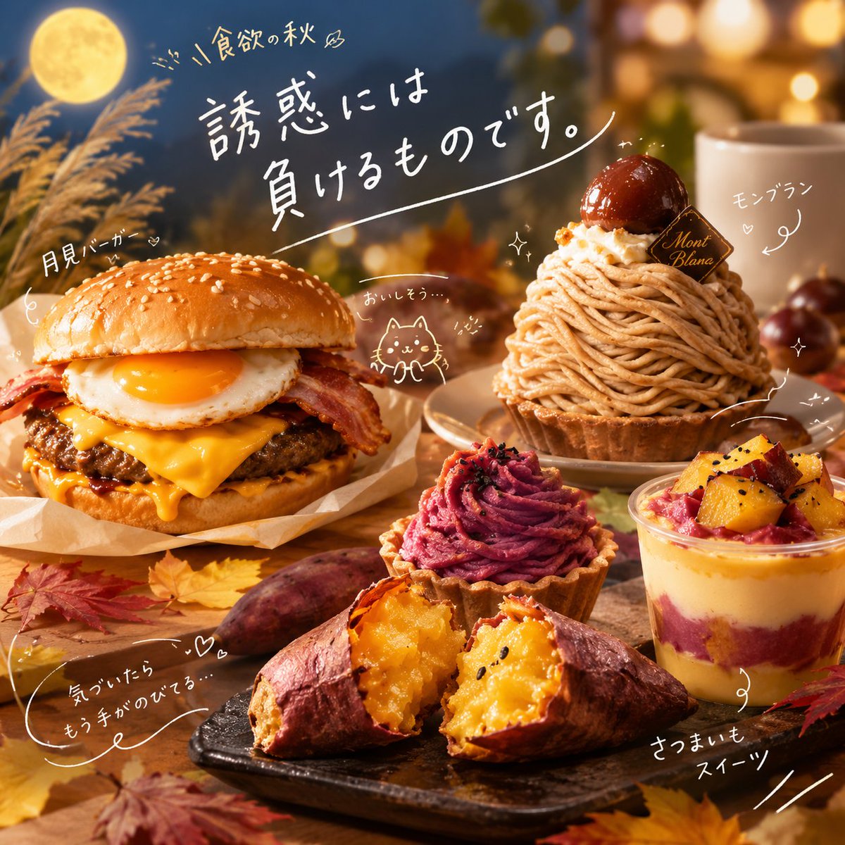 btandwtchoco's tweet photo. メンテが延長するみたいなので
食べ物の話ばっかりしてて
チャピ子に作ってもらった画像を
添付しておきますね🌝🍡🍰🍔🍠🍮 https://t.co/7HLwgbEJlm