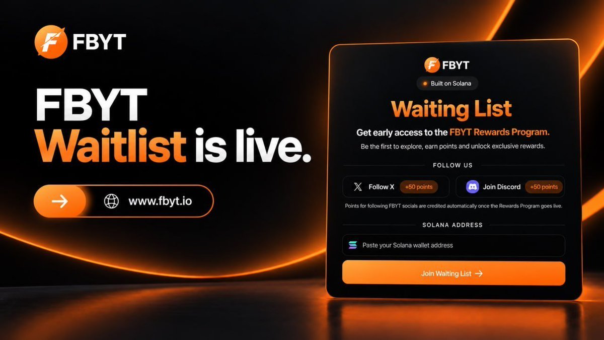 CryptoSpaceDrop's tweet photo. Potential Airdrop: FBYT

Waitlist is LIVE

Join: https://t.co/d9e2ya0MOm

- Submit Solana wallet
- Done

Deadline: 1 week

Follow X:
https://t.co/DW4P8F6iLC

Early Access:
https://t.co/X2UDUywQ81

Get in early before the deadline.

#Crypto #Airdrop #Solana #Web3 #Alpha https://t.co/at9UTzma2D