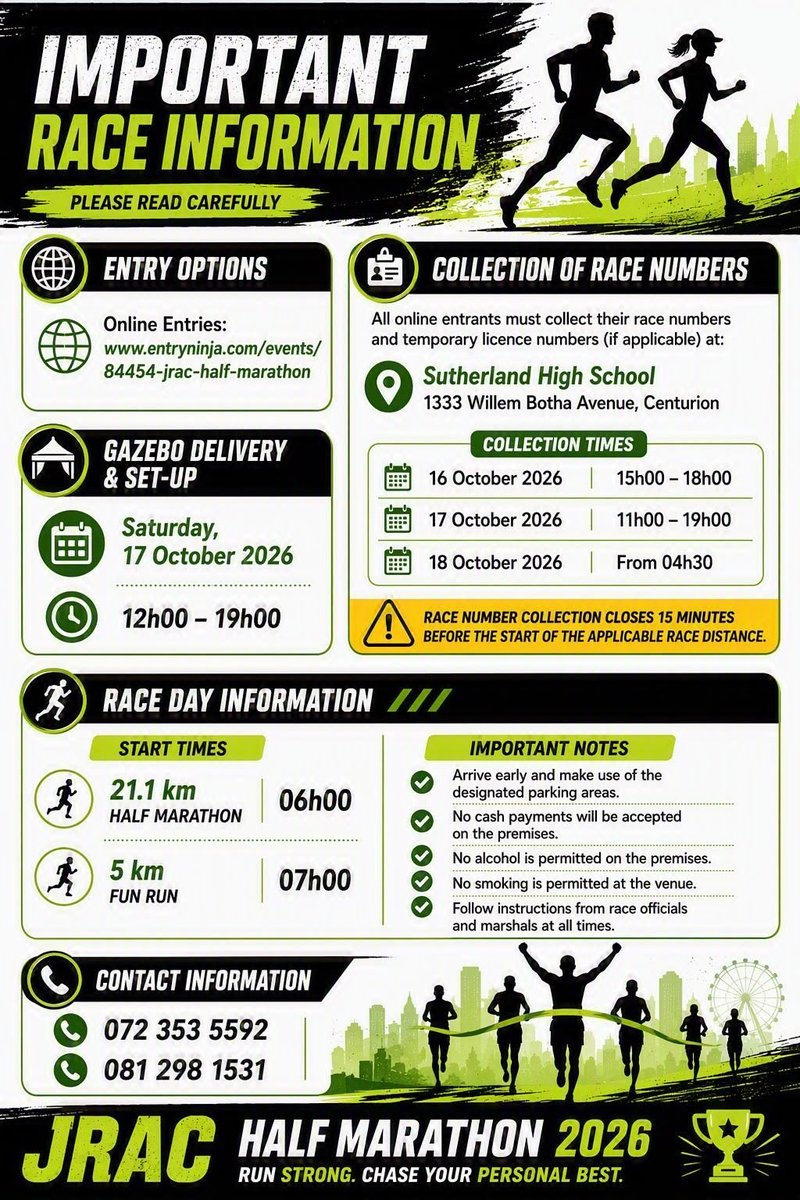 justrunningac's tweet photo. Experience our culture firsthand at our Inaugural 21.1km Half Marathon &amp; 5km Fun Run. 

📅 Sun, 18 Oct 2026 

📍 Sutherland High School, Centurion 

📞 072 353 5592 / 081 298 1531

👉 Tap to enter: https://t.co/UKJINhc1yP
#JRAC2026 #CenturionRunners #QalaNathi https://t.co/pN65x6qWpm