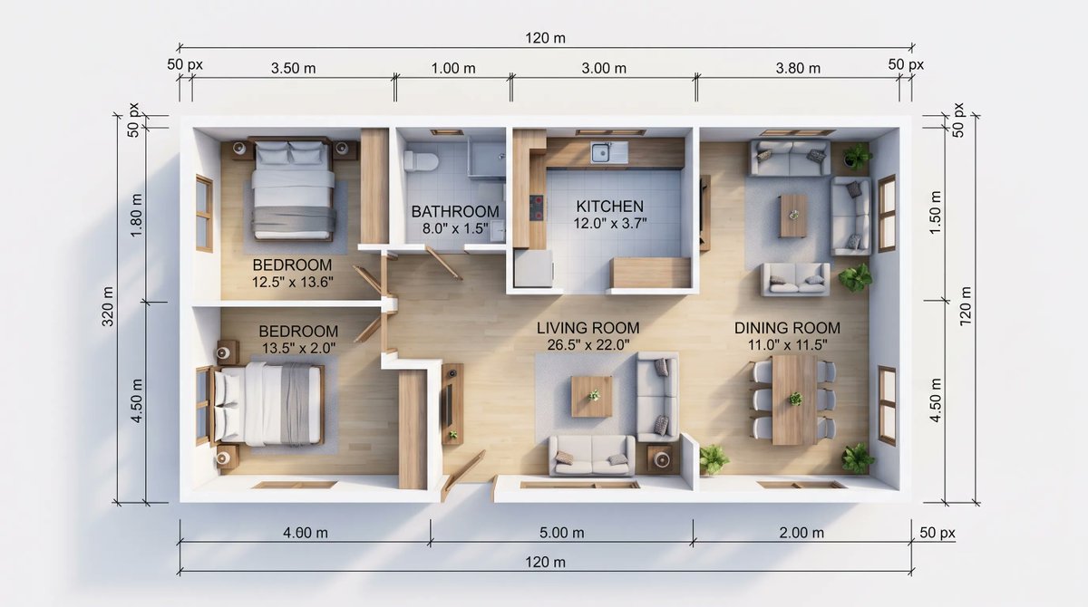 NoraCreates's tweet photo. A 120 sq ft room at 10 × 12 ft feels generous. The same square footage at 8 × 15 ft feels like a hallway. Before you love a layout, check its shortest side — not the total area. #FloorPlan #HomeDesign #InteriorDesign https://t.co/FvKAEu1u4w