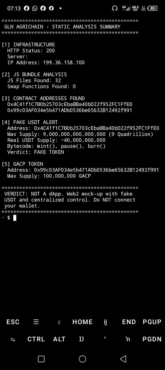 SidraCodeAudit's tweet photo. Static audit of #GLNAgriChain 

 4 screenshots attached reveal the full breakdown:

• 32 JS files scanned
• Swap functions: 0 found
• Contract addresses: 2
• Fake USDT contract detected

A Web2 site with wallet connect isn't a dApp. Be careful.☕👇

#SidraChain #SDA #Web3 https://t.co/ooEy0P9ppb