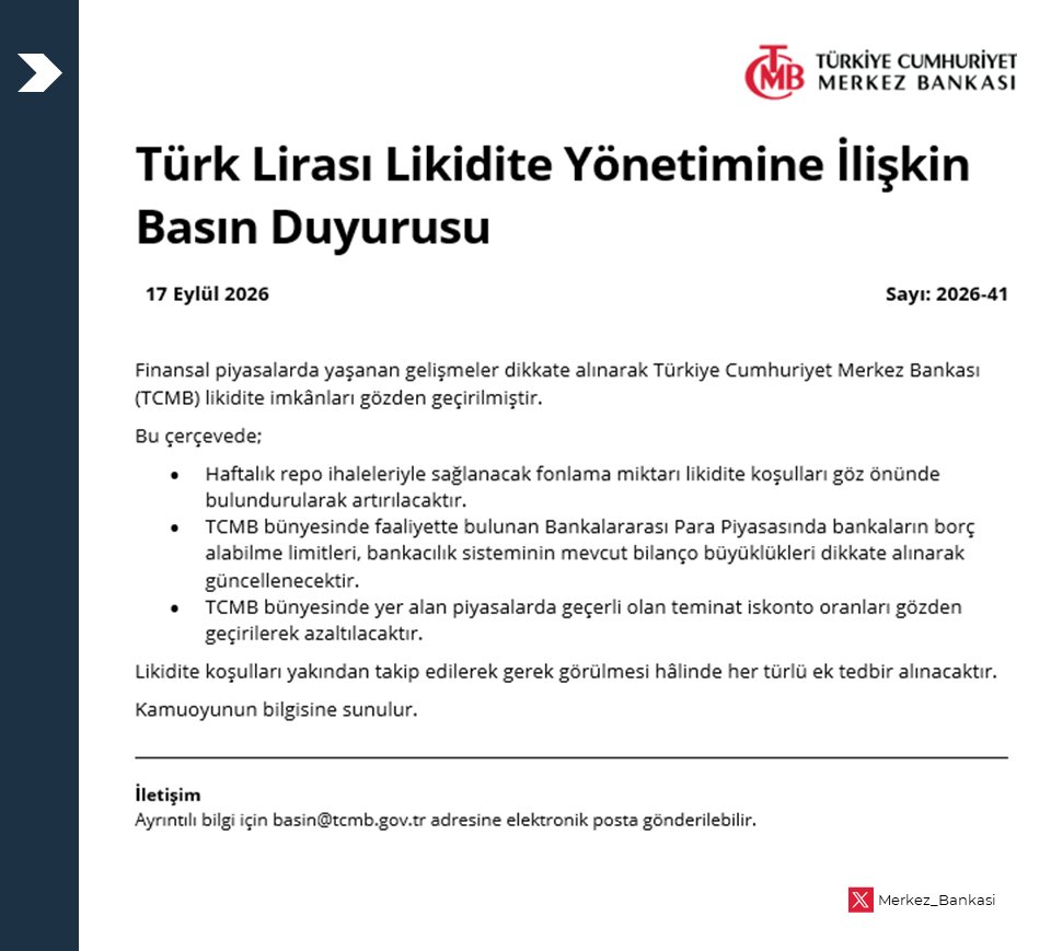 Merkez_Bankasi's tweet photo. Türk Lirası Likidite Yönetimine İlişkin Basın Duyurusu: https://t.co/4qw2c1vO82 https://t.co/aziZ2e1TFA