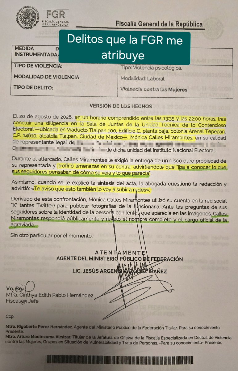 moni_calles's tweet photo. 🚨 PERSECUCIÓN DE ESTADO: DESMINTIENDO LAS FALSEDADES DEL INE 🚨

En un régimen que camina apresuradamente al autoritarismo no esperemos que una PERSECUCIÓN POLÍTICA venga de una denuncia firmada desde el representante de una institución. 

El intento de reducir la persecución penal y política en mi contra a un “asunto entre particulares” es insostenible y falso. 

Los hechos y el expediente demuestran que se utiliza todo el aparato del Estado de manera facciosa para censurarme e inhibirme en el ejercicio de mi profesión.

Aquí las razones con las que se destruye esa falsa narrativa:

🔴 LA DENUNCIA EN LA FGR ES INSTITUCIONAL. Se conoce en la @FGRMexico y no en el ámbito local, porque se trata de la función pública federal. En la denuncia, la funcionaria acude en su calidad de servidora pública, argumentando que los hechos ocurrieron en el ejercicio de sus funciones públicas dentro del INE, y adjunta su nombramiento oficial como prueba. (Anexo captura)

🔴 USO DE RECURSOS PÚBLICOS E INSTITUCIONALES. La denuncia se preparó con elementos a cargo del INE; la denunciante ofrece como testigos a funcionarios subordinados y a su jefa, la titular Yessica Alarcón Góngora, y exige que la fiscalía los notifique en las instalaciones del INE. (Adjunto captura)

Peor aún, utilizaron mi domicilio privado, credenciales y otros datos personales que extrajeron ilegalmente de los expedientes que tramito ante el INE, que no deberían tener otro uso que el profesional. 

🔴 LA DILIGENCIA ILEGAL PROVINO DE GUADALUPE TADDEI. En la propia denuncia se afirma que, el día de la diligencia, el DESASTRE estuvo coordinado por el Jefe de Oficina de la consejera presidenta GUADALUPE TADDEI.

Todo eso ilegal que vimos en los videos, siempre tuvo el visto bueno e instrucciones de nada menos que Taddei. (Adjunto captura)

🔴INVENCIÓN DE DELITOS PARA CASTIGAR LA CRÍTICA A LA FUNCIÓN PÚBLICA. Me atribuyen el delito de amenazas bajo dos argumentos absurdos: (Adjunto captura)
 
• Que supuestamente dije que “subiría a redes sociales la diligencia del @INEMexico para que vieran lo que mis seguidores pensaban…” 
 
• Que REVELÉ nombre y cargo OFICIAL de la funcionaria pública que condujo la ARBITRARIA diligencia. ¡Claro, porque los nombres de los funcionarios y sus cargos son secretos de Estado!

También me acusan de que en TODAS mis publicaciones “hice alusión a actos de discriminación por razón de género”. ¡Qué grave la FALSEDAD de la afirmación y la fiscalía actúa CONTRA constancias! 

Mis publicaciones están a la VISTA DE TODOS y no hay una sola palabra más allá de la crítica a la función pública y al @INEMexico.

🔴 PARÁLISIS DEL EJERCICIO DE MI PROFESIÓN ANTE EL INE. Como consta en el audio que hice público, la desastrosa "diligencia" del INE terminó cuando la Titular de la UTCE, Yessica Alarcón, me pidió reunirme con la presidenta del INE (Taddei); a pesar de ello, en cuanto me llegó la DENUNCIA PENAL, paralizaron todo. 

Si no es una reprimenda institucional… ¿por qué paralizaron un asunto institucional?

Audio: https://t.co/9lXSd0wrNp

🔴 INTENTO DE VETO EN EL INE. En el expediente, recientemente, acudieron a inconformarse de que, pese a las medidas cautelares, acudí al INE.

Así es, fui el 10 de septiembre para estar presente en el arranque del Proceso Electoral 2026-2027 (y seguiré acudiendo). NO pueden criminalizar mi presencia en el INE como ciudadana, abogada y periodista en una sesión pública del Consejo General.

Finalmente, la prueba definitiva de esta persecución se dará cuando, con motivo de todas estas falsedades YO presente las denuncias correspondientes. Pues sus afirmaciones son contra constancias; además, los videos contradicen cada palabra de esa denuncia.

Así que veremos si la @FGRMexico actúa con la misma celeridad cuando presente las denuncias por los delitos de falsedad de declaraciones de los funcionarios del INE. (Aclaro: esto no es una amenaza, es el aviso del legítimo ejercicio de mi derecho).

#LibertadDeExpresión #CensuraDeEstado #PeriodismoBajoAtaque #PrensaLibre