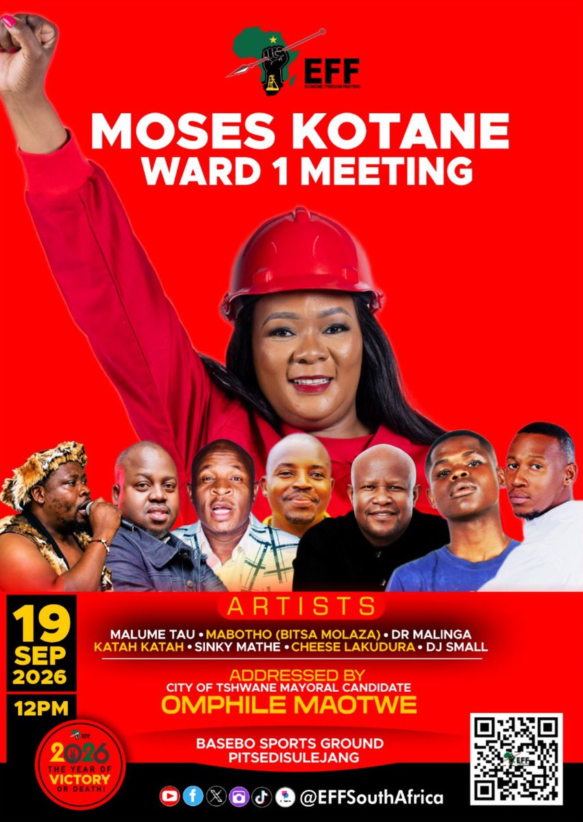 EffNorthwest's tweet photo. ♦️NOT TO BE MISSED!♦️

Treasurer General, Cmsr Omphile Maotwe, will be in Pitsedisulejang for the Moses Kotane Ward 1 Meeting as the EFF continues building momentum towards 4 November 2026.

📅 19 September 2026
⏰ 12:00
📍 Pitsedisulejang

#VictoryOrDeath #VoteEFF2026 https://t.co/wVHAscd3Bo