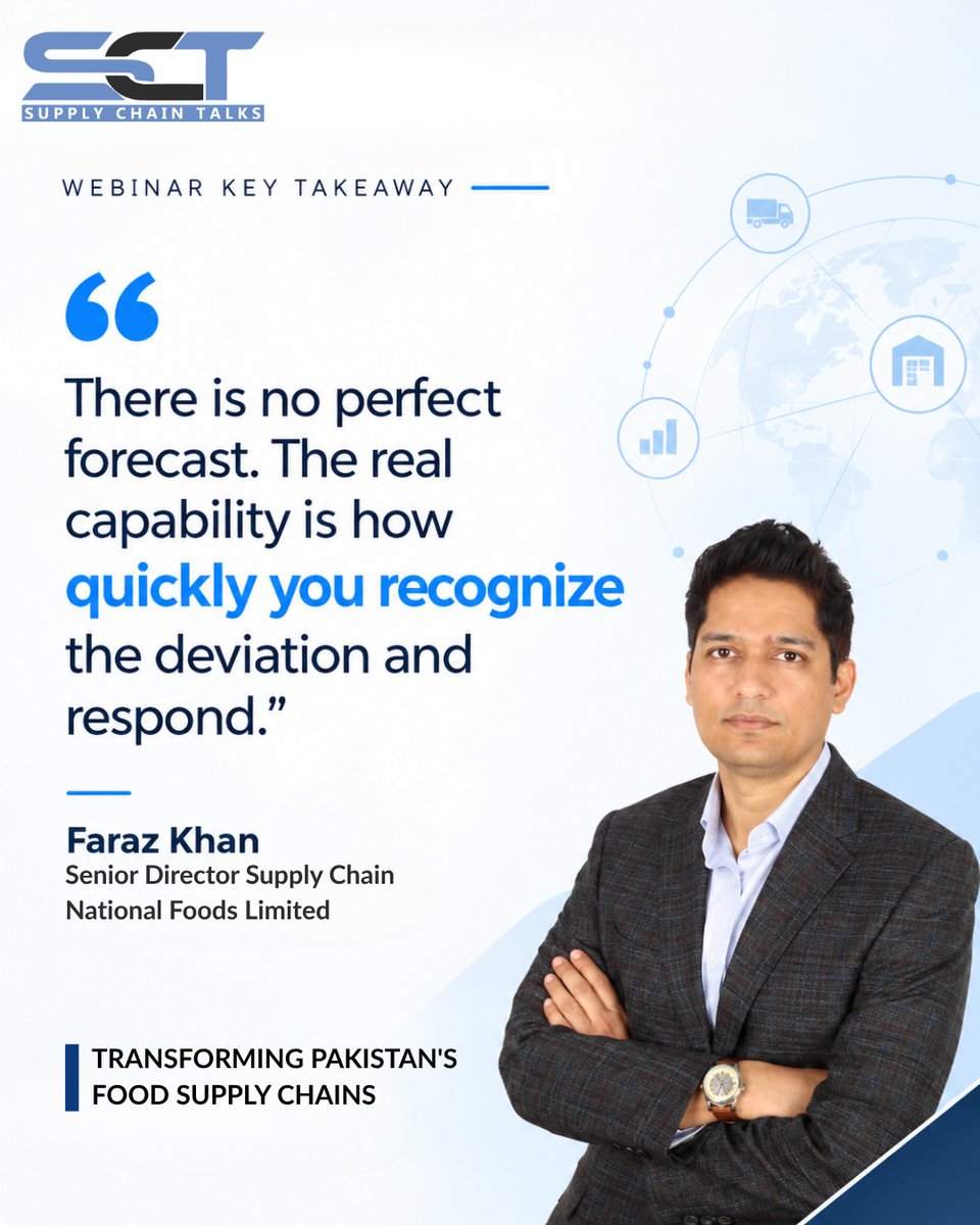 supplychaintal4's tweet photo. There is no perfect forecast. The real test is how quickly you recognize when reality differs from the plan, and how effectively you respond.

A key insight from Faraz Khan, Senior Director Supply Chain, National Foods Limited.

Watch the full webinar: https://t.co/ZrTOvbXWuA https://t.co/JGUws8Exh2