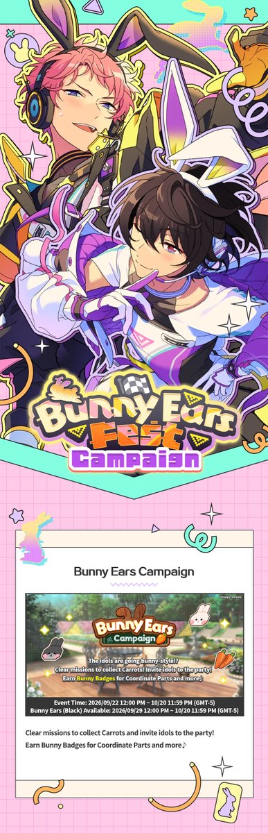 enstarsmusic_EN's tweet photo. 🥕Bunny Ears Campaign is Here!

The idols are going bunny-style!? 🐰
Clear missions to collect Carrots! Invite idols to the party! Earn Bunny Badges for Parts and adorable Room Outfits!

Check the in-game notice for more details! https://t.co/je2Op3yZd0