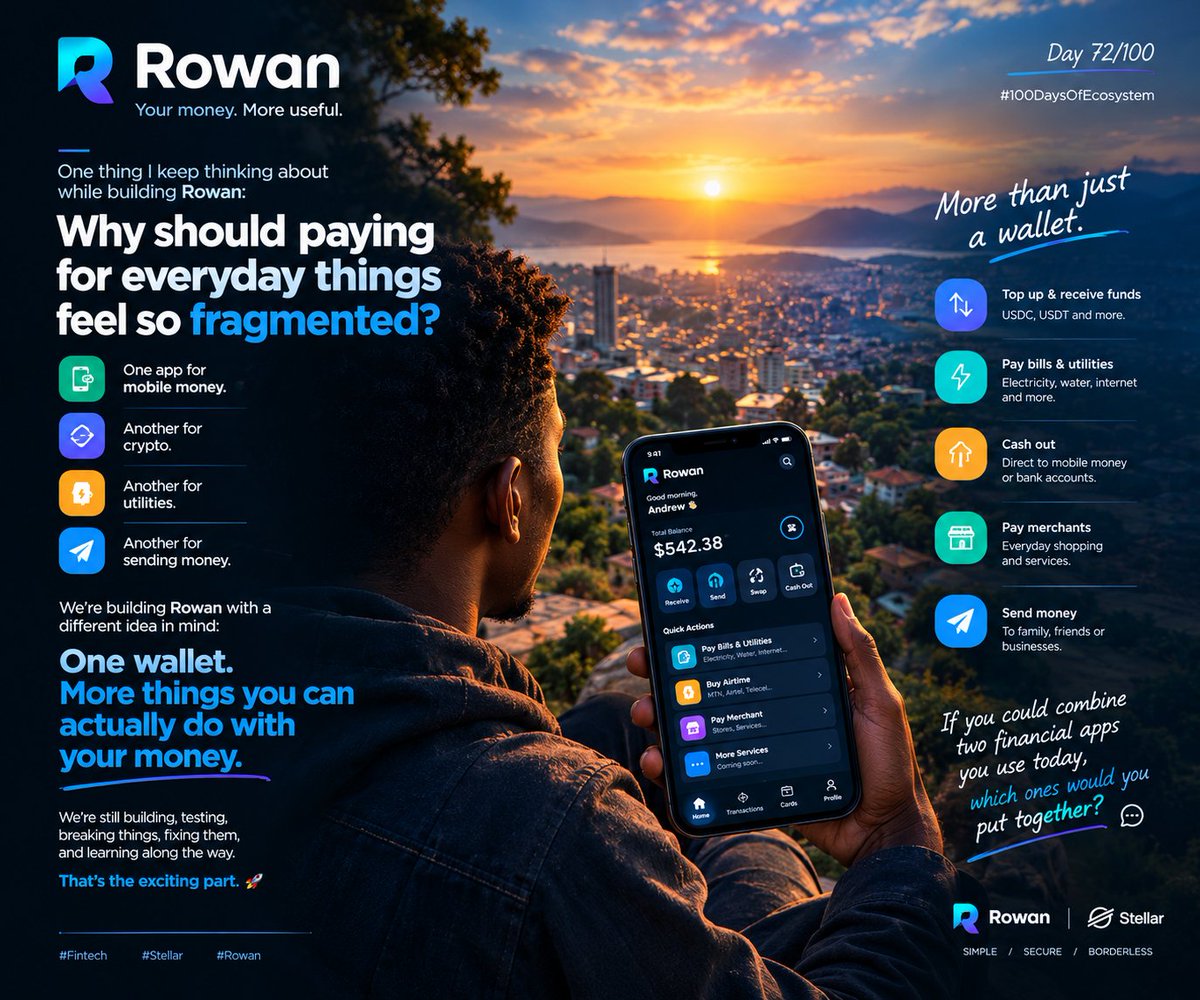 EdyeluAndrew's tweet photo. Day 72/100. 🌍

One thing I keep thinking about while building Rowan:

Why should paying for everyday things feel so fragmented?

One app for mobile money.
Another for crypto.
Another for utilities.
Another for sending money.

We’re building Rowan with a different idea in mind:

One wallet. More things you can actually do with your money.

We’re still building, testing, breaking things, fixing them, and learning along the way.

That’s the exciting part. 🚀

If you could combine two financial apps you use today, which ones would you put together?

#Fintech #Stellar