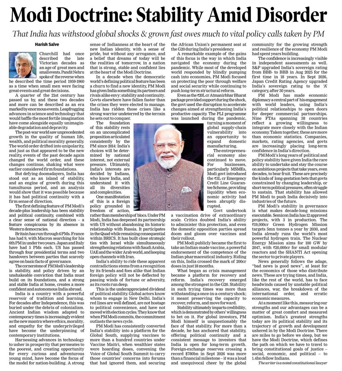 PMOIndia's tweet photo. India has stood out as an island of stability and an engine of growth during a tumultuous period, Shri Harish Salve writes. 

He attributes this to PM @narendramodi's stable leadership and political continuity, saying a clear sense of national direction has strengthened India's economy, foreign policy and long-term nation-building.

https://t.co/oFxmwG345h