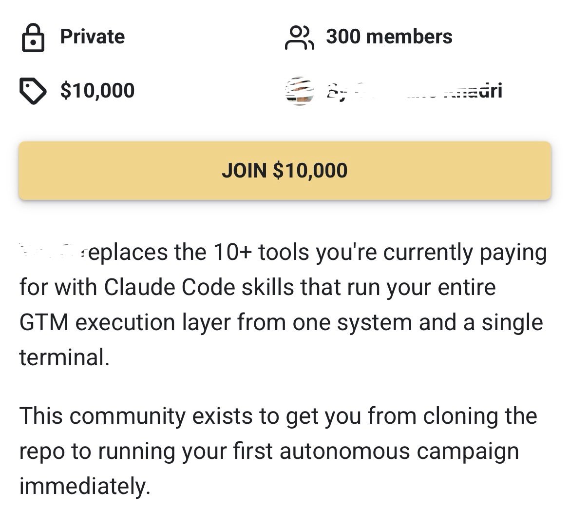 Suprva02's tweet photo. People are charging $10,000 to teach you GTM on claude code??? 💀💀💀

300 members?? 

This is why I say you can sell air if you want to https://t.co/5WiexSSf6u