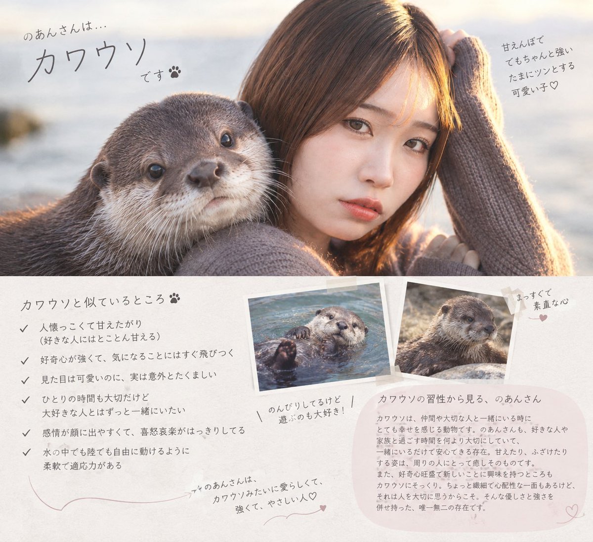 noannpartner's tweet photo. 最近流行ってる「私を動物に例えると何？」をchatGPTに聞いてみた🦦
顔がカワウソっぽいとはよく言われるけど中身はどうだろう(笑)🦦🐚 https://t.co/XgEfE3lACs