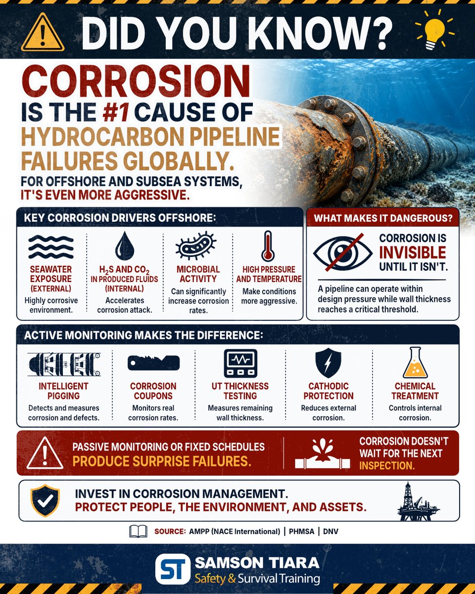 SamsonTiara's tweet photo. 🔬 #Corrosion: #1 cause of #hydrocarbon #pipeline failures. #Offshore: seawater, H2S, CO2, microbial attack. Wall thickness reach critical threshold with no visible warning. Active monitoring prevent surprise failure.

Source: AMPP; PHMSA.

#SamsonTiara :

https://t.co/OQHFPxm7OM https://t.co/jwgJGe4nKV