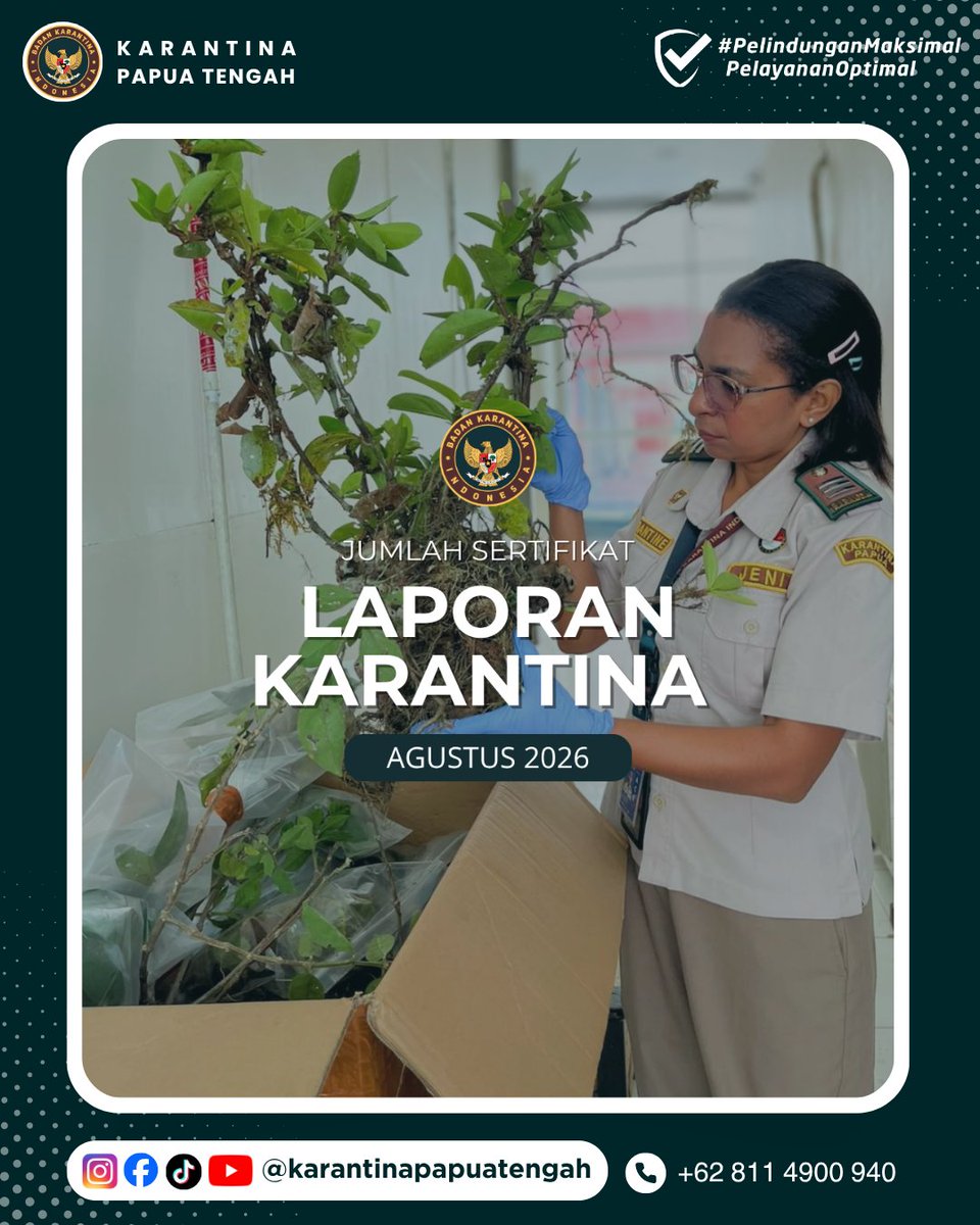 KarantinaPateng's tweet photo. Amolongo SobatQ 👋🏻

Karantina Papua Tengah terus berkomitmen memberikan pelayanan prima ! Berikut jumlah Sertifikat Lapor Karantina Periode Agustus 2026 sebagai wujud transparansi dan akuntabilitas layanan.

#laporkarantina #karantinaindonesia #karantinapapuatengah https://t.co/6BiQzAd0PB