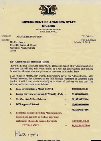NigeriaStories's tweet photo. BREAKING:  Peter Obi releases handover document in response to Anambra Government’s claims that his administration left loans and liabilities https://t.co/kyUVZP64d8