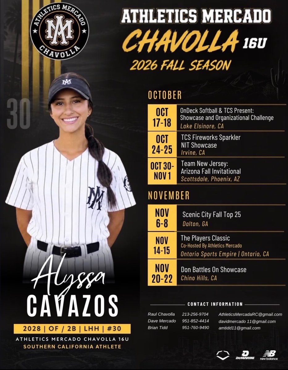 LyssCavazos2028's tweet photo. My fall schedule with @AMChavolla! Excited to see familiar faces and meet new coaches.
2028 | OF/2B | LHH
#uncommited2028 #softballrecruiting #2028softball #outfielder #secondbase #middleinfield #lhh #athleticsmercado https://t.co/p4M07EJmAD