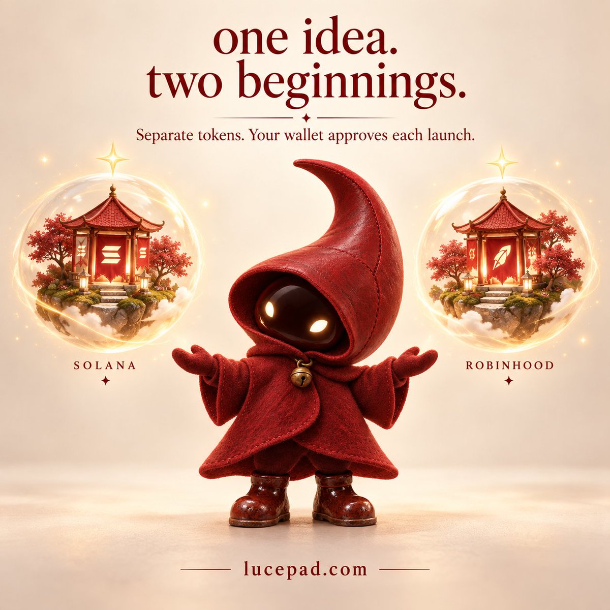 LucePad's tweet photo. dual launching is live
one idea, one setup, solana and robinhood.
separate tokens. separate supplies and trading. your wallet approves each launch.
same community idea, two places to get started. https://t.co/fDqXH9MGGO