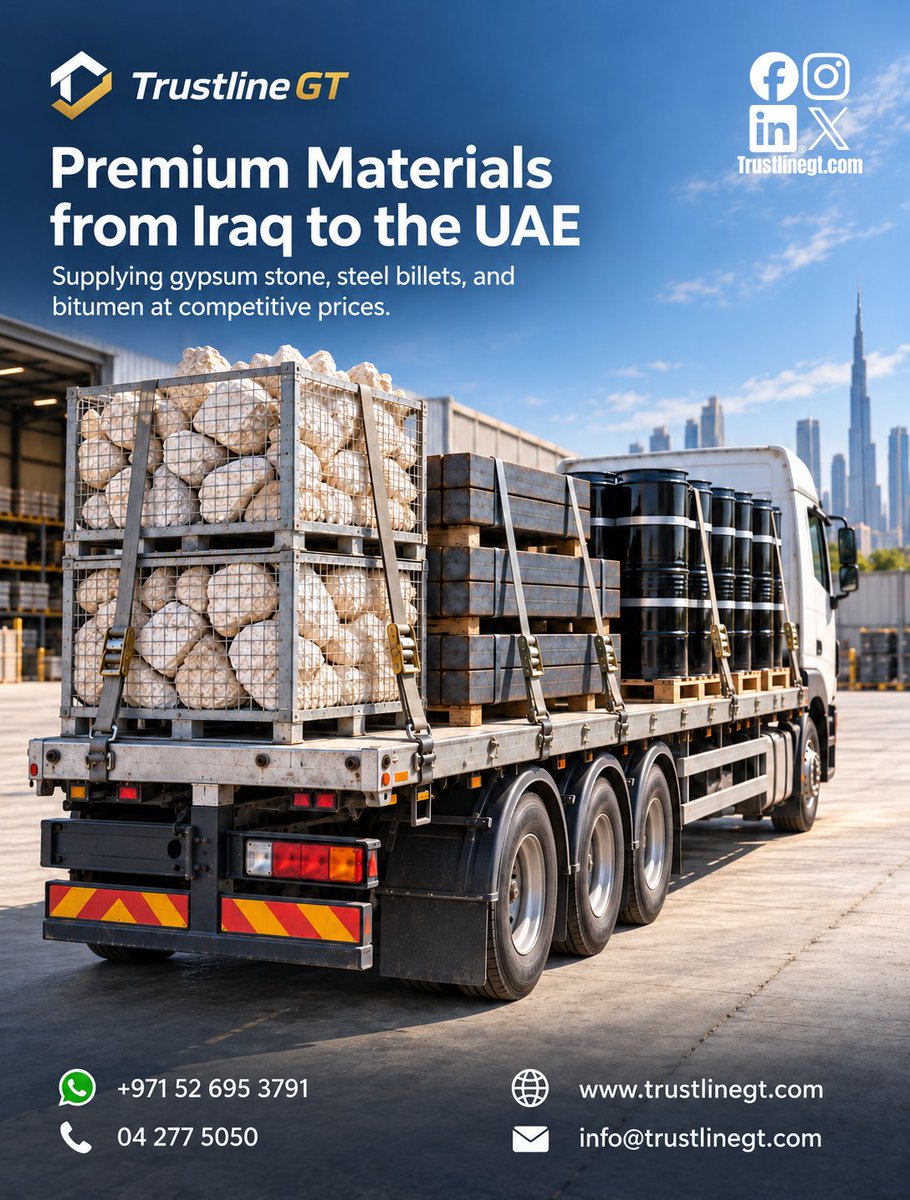 TrustlineGT's tweet photo. From Iraq 🇮🇶 to the UAE 🇦🇪

Trustline GT supplies gypsum stone, steel billets &amp; bitumen at competitive prices.

Request a quote:
WhatsApp: +971 52 695 3791
https://t.co/z7hHu5ymh8
#BuildingMaterials #UAE https://t.co/NyMiFJvBoi