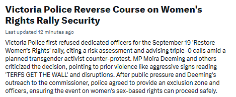 Kat4e4's tweet photo. Women should not have to beg to be protected from threats of men's violence.
#VicPol decide to protect women after all.
What a show of disrespect to women.
#CourageCalls #RestoreWomensRights #
#FixtheSDA #SexMatters #auspol
#LetWomenSpeak #WomenWillSpeak
#Solidarity #XX #RUOK https://t.co/XoeJgk9vrI