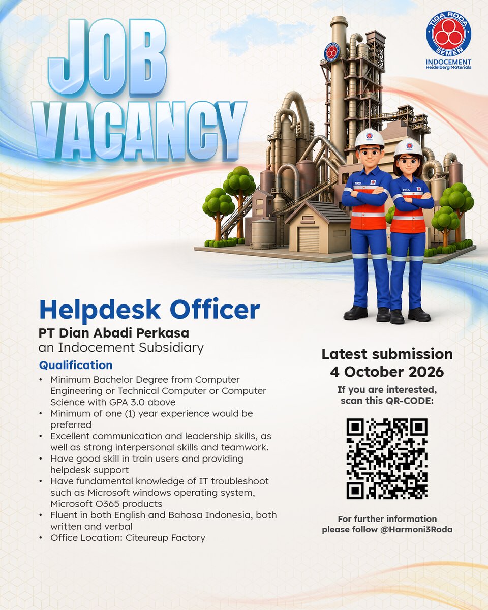 harmoni3roda's tweet photo. 🔍 Sedang mencari tantangan baru di bidang IT?
Indocement dan perusahaan anak membuka peluang bagi talenta terbaik untuk posisi: 

💻 IT Security Officer 
🖥️ Helpdesk Officer

Jangan lewatkan kesempatan ini
Swipe untuk detail!

#Indocement #SemenTigaRoda #LokerBogor https://t.co/rvBKqEmAaS