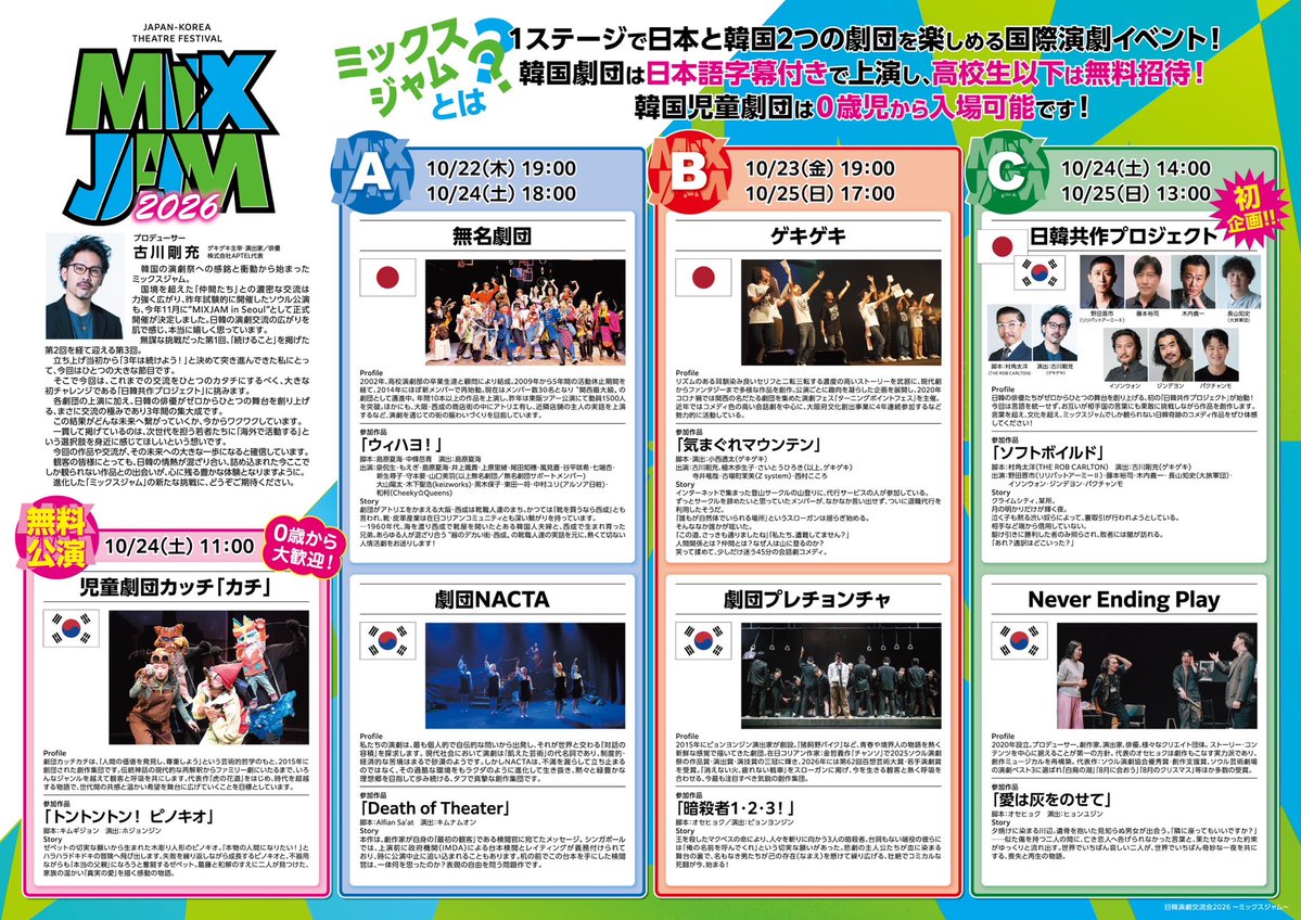 gekiGeki_staff's tweet photo. 🇯🇵現在１９%達成🇰🇷

日韓演劇交流会2026
〜 #ミックスジャム 〜

来月開催の日韓演劇祭に向け挑戦中‼️
ご支援いただいた皆様、本当にありがとうございます✨👏

出演者��お揃いのTシャツもゲットできます！郵送可能！ぜひご検討ください👕☝️

🔻クラファン
https://t.co/XN2CI12UR5 https://t.co/i2ulYNNqcv