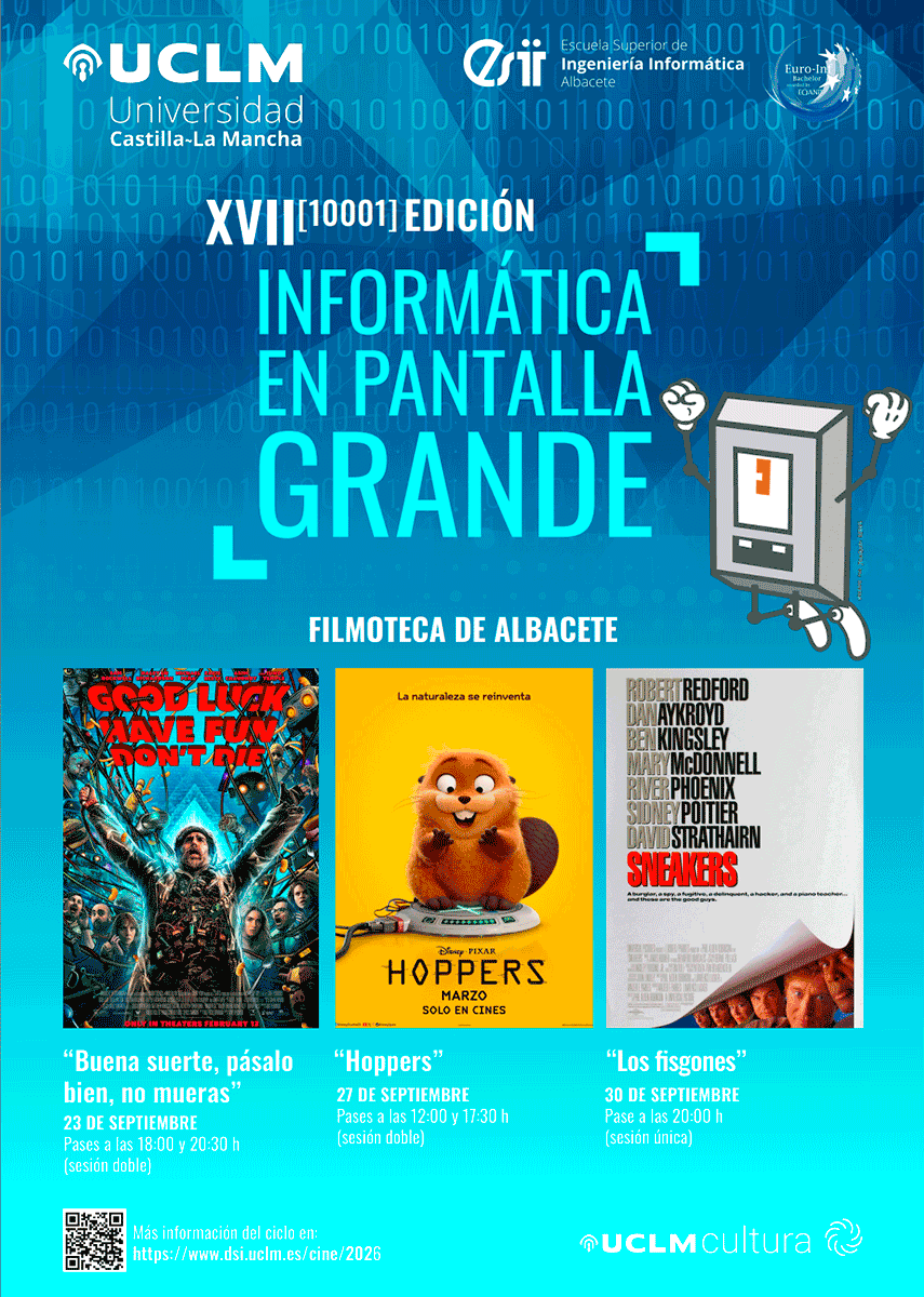 esiiab's tweet photo. El próximo 23 de septiembre comienza la XVII edición del ciclo de cine "Informática en pantalla grande".

🏢 Filmoteca de Albacete 
📅 23/9: Buena suerte, pásalo bien, mueras
📅 27/9: Hoppers
📅 30/9: Los fisgones

➕Info: https://t.co/FZRuQAlBDn

 #Cine @esiiab @uclm_es https://t.co/0qmlixqPXq