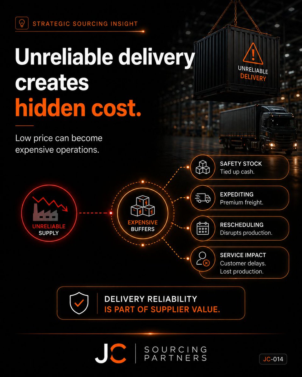 jc_sourcing's tweet photo. A supplier can be competitive on price and expensive on delivery. Unreliable supply can create safety stock, expediting, production disruption and customer delays. Delivery performance belongs in the sourcing decision. https://t.co/6b3M3gKY3O