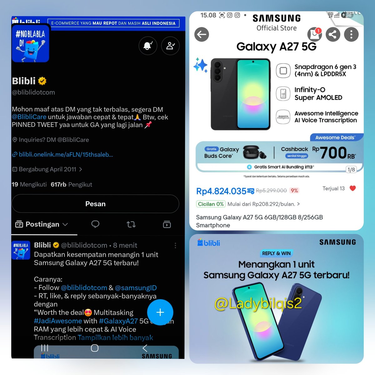 Ladybilqis2's tweet photo. @bliblidotcom @samsungID Worth the deal🤩 Multitasking #JadiAwesome with #GalaxyA27 5G dengan RAM yang lebih cepat &amp; AI Voice Transcription 💙#GalaxyA27xBliBli @samsungID #TenangBeliDiBlibli

Gass komen terus biar ke notice Blimin @bliblidotcom &amp; Samsung https://t.co/GmYq8lA4yk