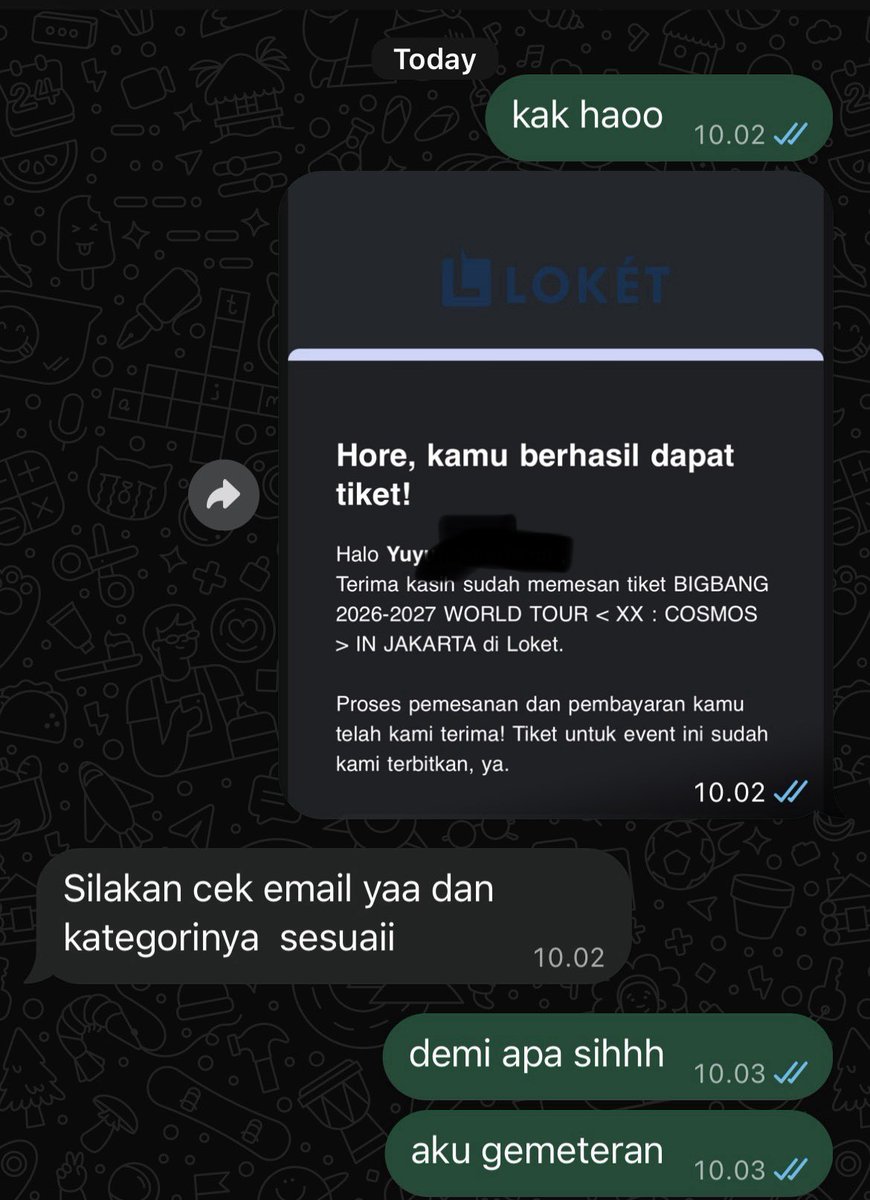 eclipzvco's tweet photo. cek email jam 10.00 udh ada VA pembayaran, abistu saking syoknya sukses payment 10.02 (kek org dongo) soalnya masih ga nyangka secured tiket bigbang secepet itu 😭😭😭 makasih kak @rebornjxc  ini rill bgt!! buat yg besok masih pejuang tiket #bigbang langsng cus ajaaa https://t.co/tlCtFtWc5H
