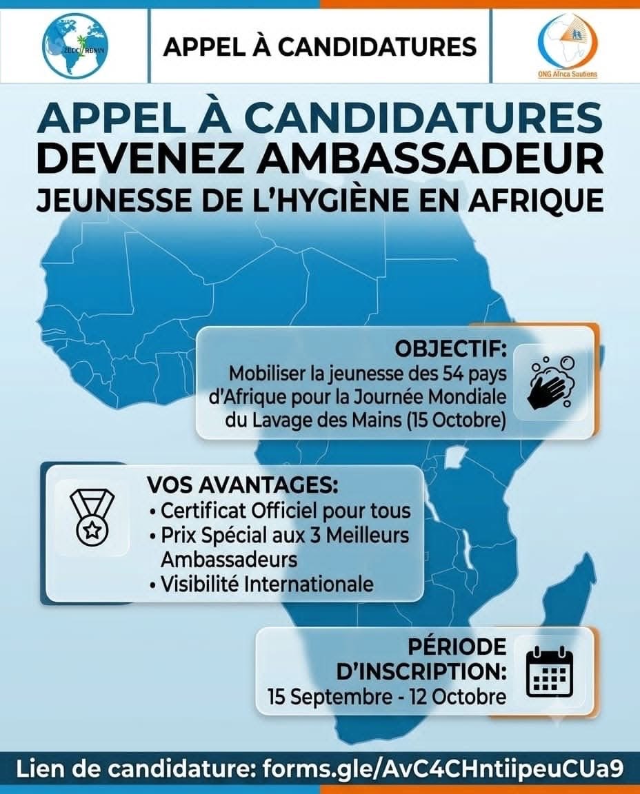 MrsScotty_M's tweet photo. 📢 APPEL À CANDIDATURES | DEVENEZ AMBASSADEUR(RICE) JEUNESSE DE L’HYGIÈNE EN AFRIQUE !

Vous avez entre 18 et 35 ans, vous vivez en Afrique et vous êtes engagé(e) dans votre communauté ?
Que vous soyez étudiant(e) activiste, créateur(rice) de contenu, membre d’une ONG ou simplement passionné(e) par les enjeux de santé et d’hygiène, cette opportunité est pour vous.

À l’occasion de la Journée mondiale du lavage des mains, le 15 octobre, le consortium OJECC - Bénin & ONG Africa Soutiens    lance la campagne panafricaine :
 « DES MAINS PROPRES, DES VIES SAUVÉES »

En devenant Ambassadeur(ice)Jeunesse de l’Hygiène, vous pourrez :
✅ obtenir une reconnaissance officielle à travers un certificat ;
✅ concourir pour une distinction parmi les trois meilleurs ambassadeurs du continent ;
✅ bénéficier d’une visibilité internationale pour vos initiatives et contenus ;
✅ renforcer vos compétences en communication et plaidoyer digital ;
✅ rejoindre une dynamique panafricaine portée par la jeunesse.

Candidatures du 15 septembre au 12 octobre 2026.

Votre pays a besoin de voix engagées. L’Afrique aussi.

👉 Candidatez maintenant : https://t.co/rToYRMFjbg